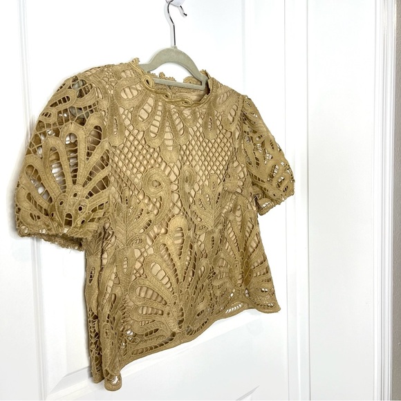 Frenchy Lace Crochet Puff Sleeve Crop Top | Size Large | Women - Picture 3 of 5